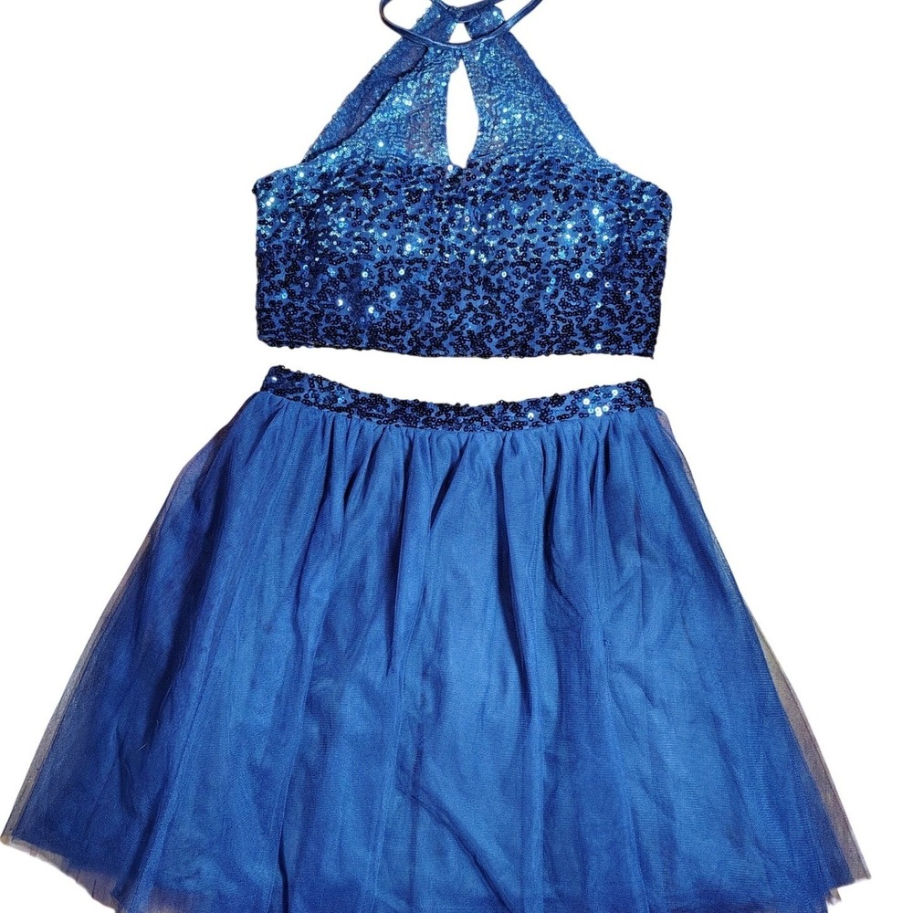 Haute Nites Navy Blue Sequin Halter Crop Top Tulle Skirt Set Women Size 7